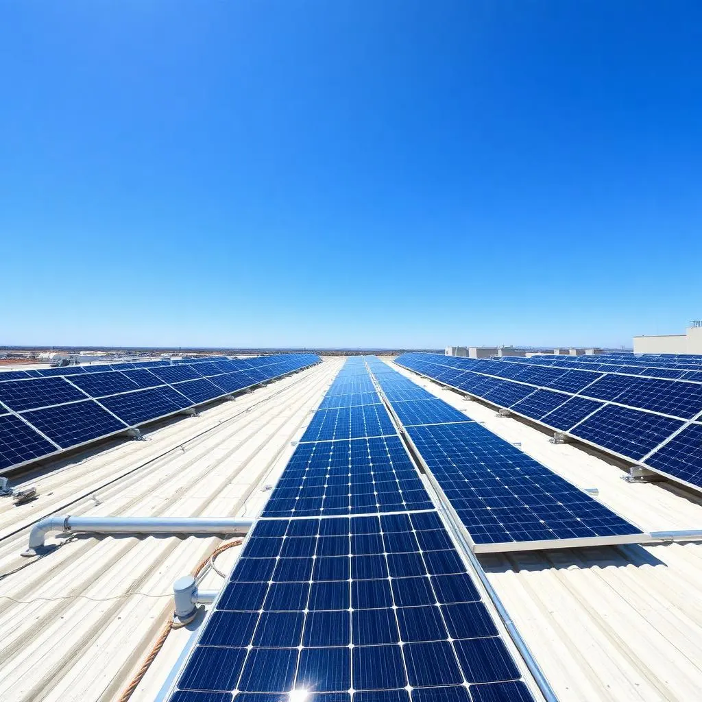 Painéis solares instalados em telhado comercial